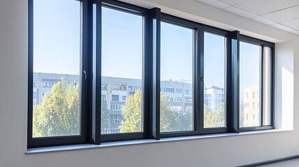 Fototapeta premium Modern office window, city view, sunlight, bright interior. Use Real estate, architecture
