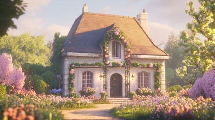 A charming flower garden in a French home style, with trellises, blooming flowers, and manicured shrubs.