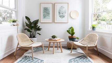 Fototapeta premium Serene Living Room With Rattan Chairs And Plants