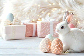 Cute white bunny with decorated Easter eggs and gift boxes soft pastel background with bokeh lights 