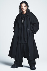 Man in Black Oversized Outfit with Braided Hair and Cross Necklace