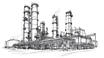Industrial complex sketch, refinery illustration, manufacturing process, energy production, background sky