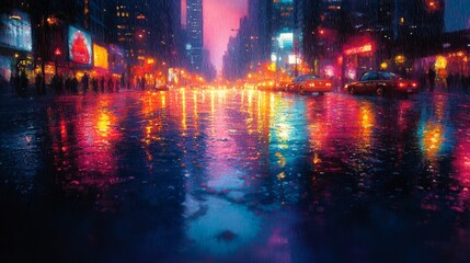 Urban Symphony: A Vibrant Reflection of Oil Slick on Rain-Soaked Street Captured in the City