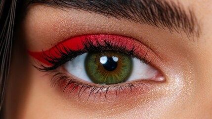 Obraz premium Red Eye Makeup Close-up: Captivating close-up of a woman's eye featuring vibrant red eyeshadow and a sharp winged eyeliner, highlighting the mesmerizing green iris.