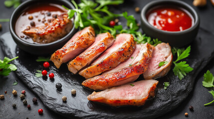 Sliced duck with vegetables on a black plate and background, top view. Chinese holiday food concept.