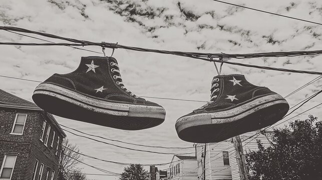 Fototapeta Shoes hanging on wires, urban backdrop, cloudy sky, monochrome aesthetic, stock photo