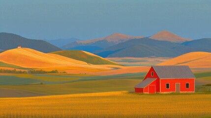 Red barn sunset, rolling hills farmland