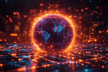 Digital Globe Surrounded by Glowing Data Connections