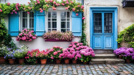 Naklejka premium A colorful array of flowers arranged around a cobblestone courtyard, with a French-style home in the backdrop.