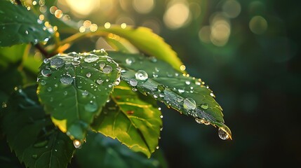 Green leaf with dew drops in the morning. Nature background