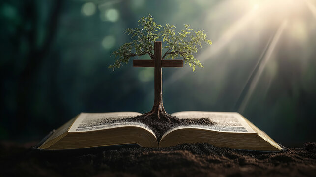 Tree of life growing from bible with cross and sunlight: symbol of faith, hope, and resurrection