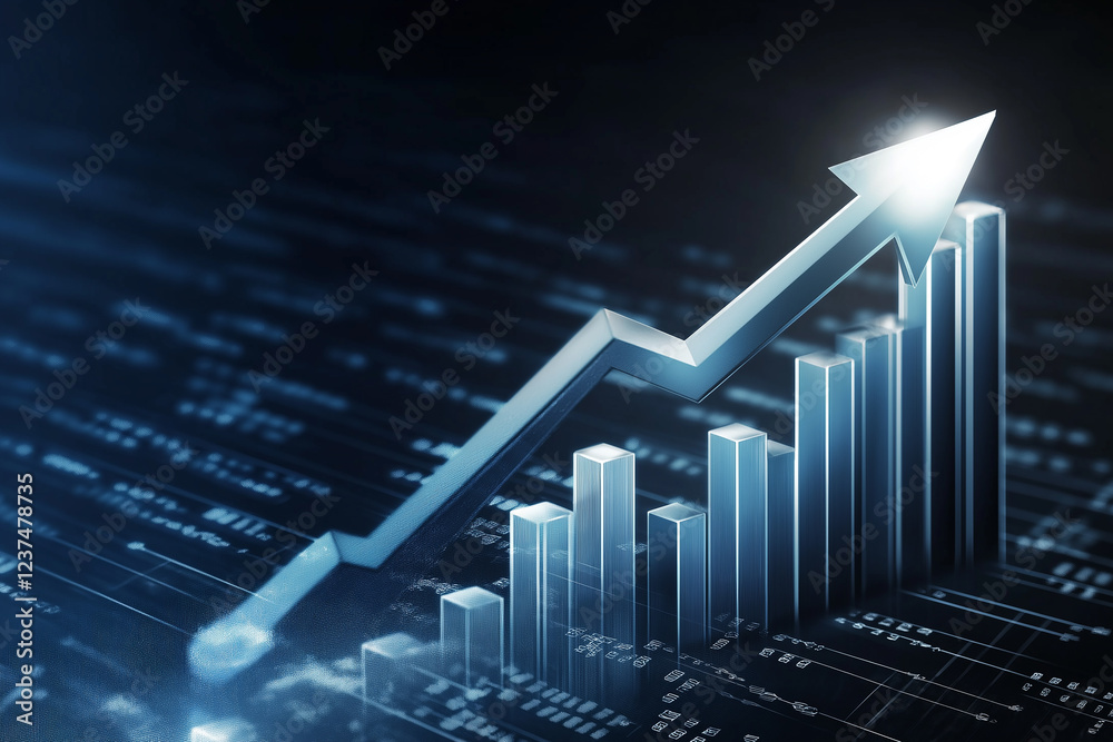 Poster growing bar graph showing increasing profits on digital background