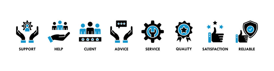 Customer care banner web icon vector illustration concept for customer support and telemarketing service with an icon of help, client, advice, chat, service, reliability, quality, and satisfaction