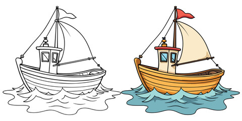 Outline drawing of a boat, fishing boat, or speed boat, from the side and front view. Vector doodle illustration, design for coloring book or print