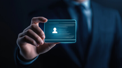 Businessman holding futuristic id card with personal information and code programming in cyberspace