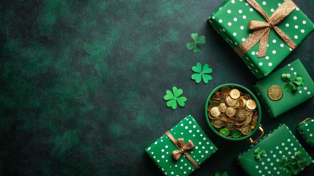 St. Patrick's Day concept, top view of gift boxes with polka dot paper in green color.