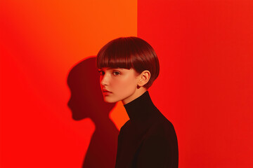 Portrait of a young woman with a bowl cut hairstyle against a vibrant red background