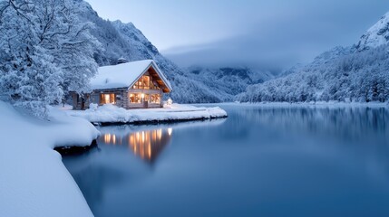 Obraz premium Lakeside cabin winter evening, snowy mountains, calm water, tranquil scene, postcard