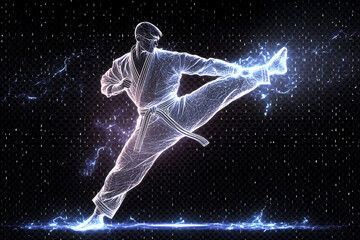 Dynamic glowing wireframe illustration of a karate master performing a kick, showcasing strength, skill, and martial arts mastery