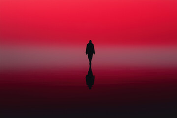 Silhouette of a person walking on a reflective surface against a red gradient background