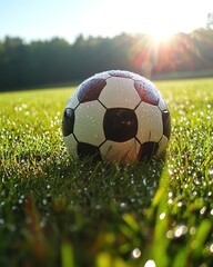 Dew-Kissed Soccer Ball on Lush Green Field at Sunrise A Breathtaking Sporting Scene.