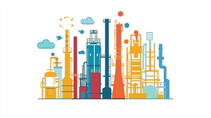 Fototapeta premium Industrial complex, cityscape, pollution, energy production, environmental impact, illustration