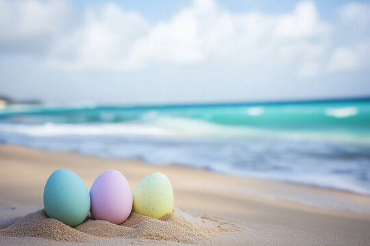 easter egg with tropical beach with pink sand and blue sky