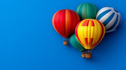 Fototapeta premium Colorful Hot Air Balloons: A cluster of vibrant hot air balloons in red, yellow, green, and blue, against a solid blue backdrop. A playful, whimsical image, perfect for travel, adventure.