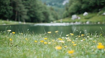 Fototapeta premium Alpine lake wildflowers summer tranquil nature