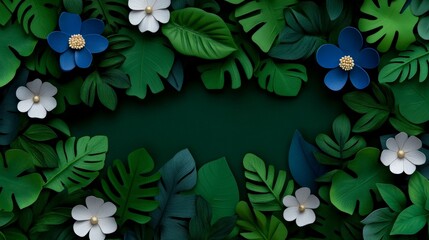 Tropical Paper Flowers Frame:  A lush frame of vibrant paper flowers and tropical leaves creates a rich, dark green backdrop, perfect for adding your text or design.