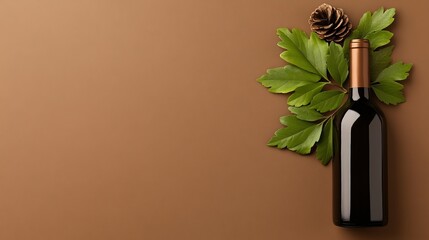Wine Bottle Mockup with Autumnal Accents: A sleek, dark wine bottle stands elegantly against a rich brown background, adorned with lush green leaves and a rustic pine cone.