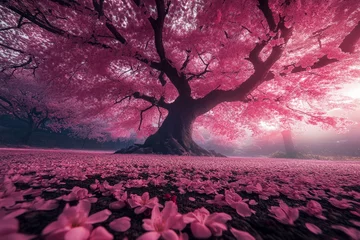 Gardinen Mount Fuji with pink cherry blossom trees, beautiful blooming and looks amazing from a distance, perfect landscape © aditya