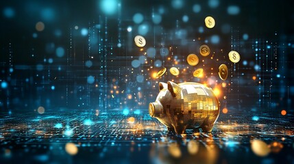 Golden piggy bank, digital coins, futuristic background, wealth growth, finance concept