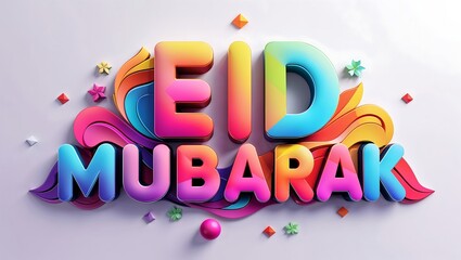 This vibrant "Eid Mubarak" image features bold, 3D multicolored text with a glossy finish, surrounded by abstract, colorful swirls and decorative geometric elements on a light background, evoking fest