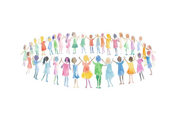 A circle of colorful, stylized figures holding hands, representing unity and diversity through varied clothing and hairstyles.