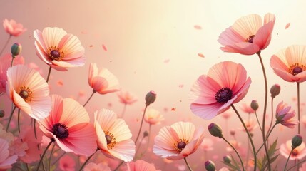 A field of delicate blush-colored poppies swaying gently in a soft sunset glow, petals drifting on the breeze, creating a serene and peaceful landscape