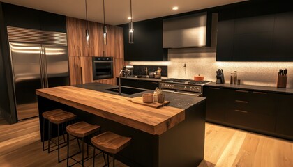 Rustic-modern kitchen with raw wood elements and sleek black finishes