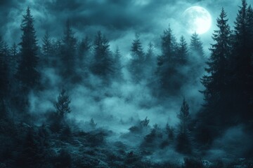 Enigmatic Fog Drifts Through Eerie Pine Forest Creating Mystical Atmosphere in Nature's Abode