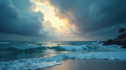 Obraz premium Serene Coastal Scene Ocean Waves Crashing on Sandy Shore at Sunset Under a Dramatic Sky