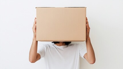 Person hiding face with cardboard box, white background, anonymity concept, website illustration