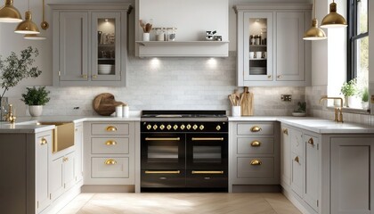 Traditional kitchen with shaker cabinets and brass finishes