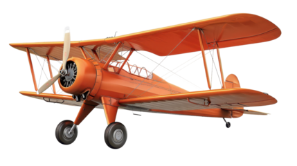 Orange biplane flying with transparent background