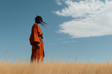 Person in Orange Robe Standing in Golden Grass Field under Blue Sky