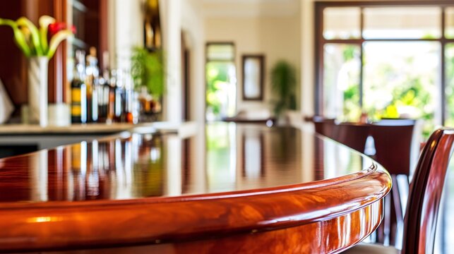 Luxurious hotel bar counter, drinks, blurred background, tropical view, ideal for travel brochures