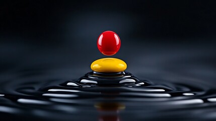 Red and Yellow Drops: A vibrant red drop perfectly balanced atop a smaller yellow drop, creating a striking visual contrast against the dark, rippling surface of a liquid.
