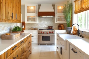 Zen-inspired kitchen with bamboo accents and clean white surfaces