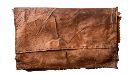 Old leather document case showing folded and wrinkled texture on transparent background