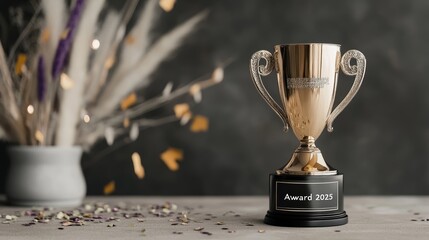 Engraved trophy: award inscription, 2025 year, golden prize, victory token, polished accolade, recognition object, metallic honor, text engraving, ceremonial tribute, achievement symbol.