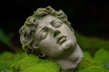 Stone head sculpture covered in moss, lying on a mossy ground
