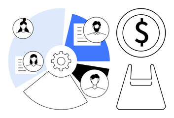 Gear within a pie chart, four user profiles on documents, dollar sign, shopping bag element. Ideal for team collaboration, workflow efficiency, financial oversight, business processes, HR management